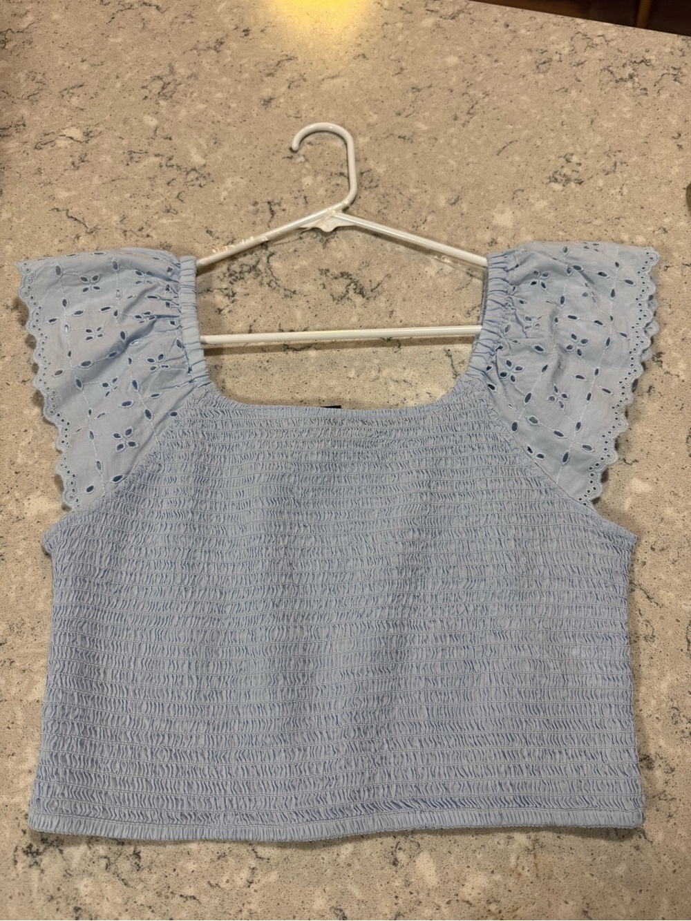 Universal Thread Light Blue Smocked Crop Top with Eyelet Flutter Sleeves